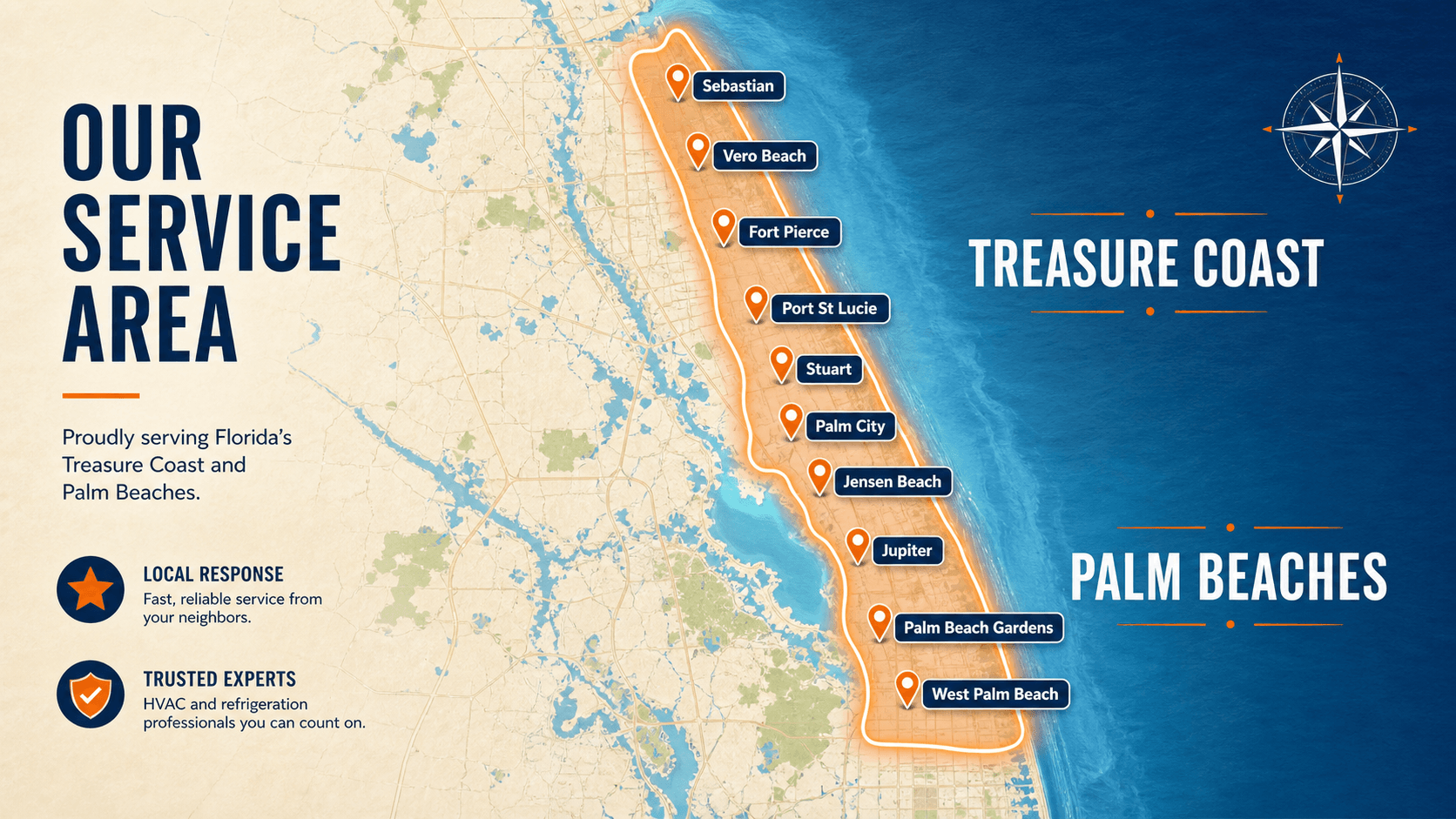 Illustrated A/C Advantage service-area coverage map from Sebastian through West Palm Beach